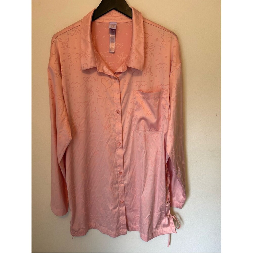 Savage X Fenty Heavenly Satin Sleep Shirt - Pink Floral Jacquard Pajama Top XL